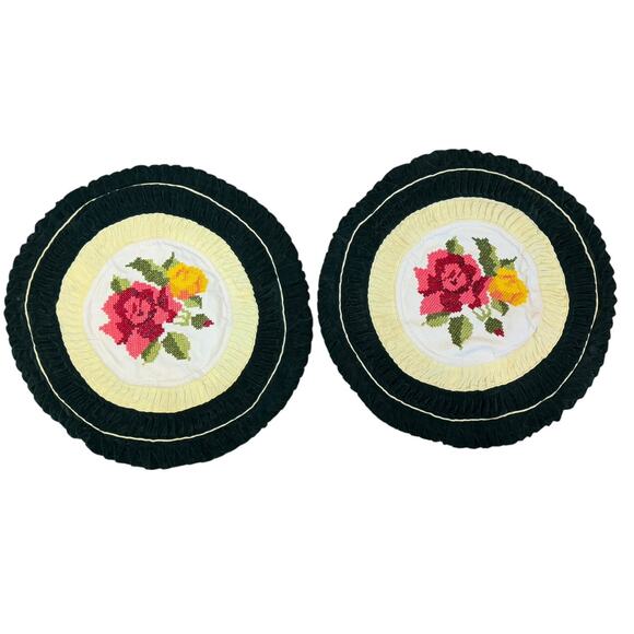 Floral Needlepoint Pillows 2 Round Ruffle Green Velvet Decorative MCM Granny 20" - Picture 1 of 12